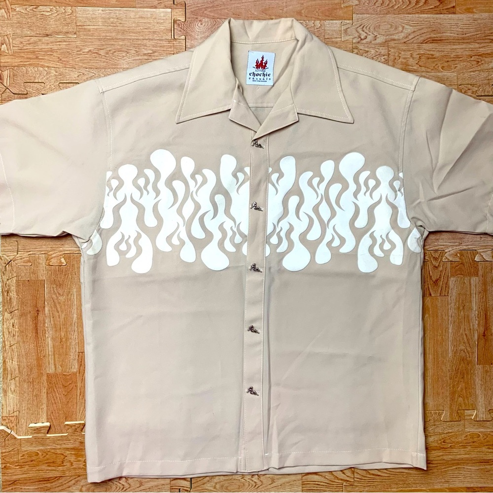 VTG Chochie Casuals White Flames Shirt 48” Chest Naked Lady Buttons Rayon USA